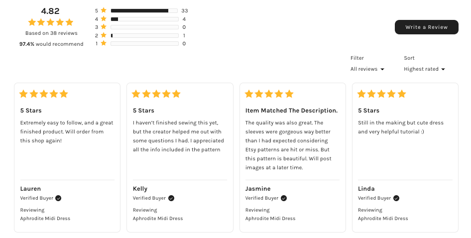 Product review widget with grid layout